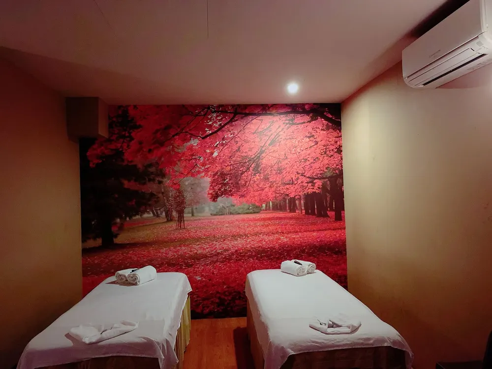 Couple treatment room with two massage beds and a floral wall mural