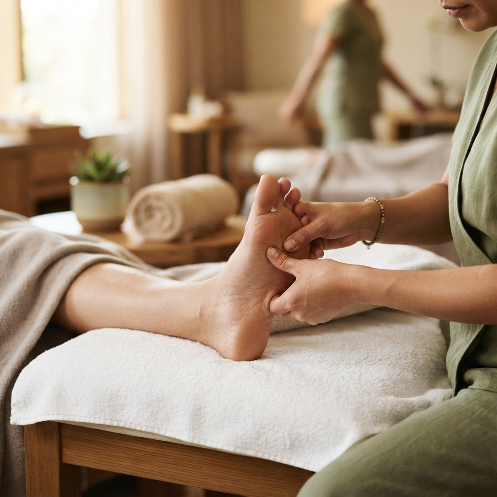 Close-up of a foot reflexology pressure-point massage at Qin Spa Katong