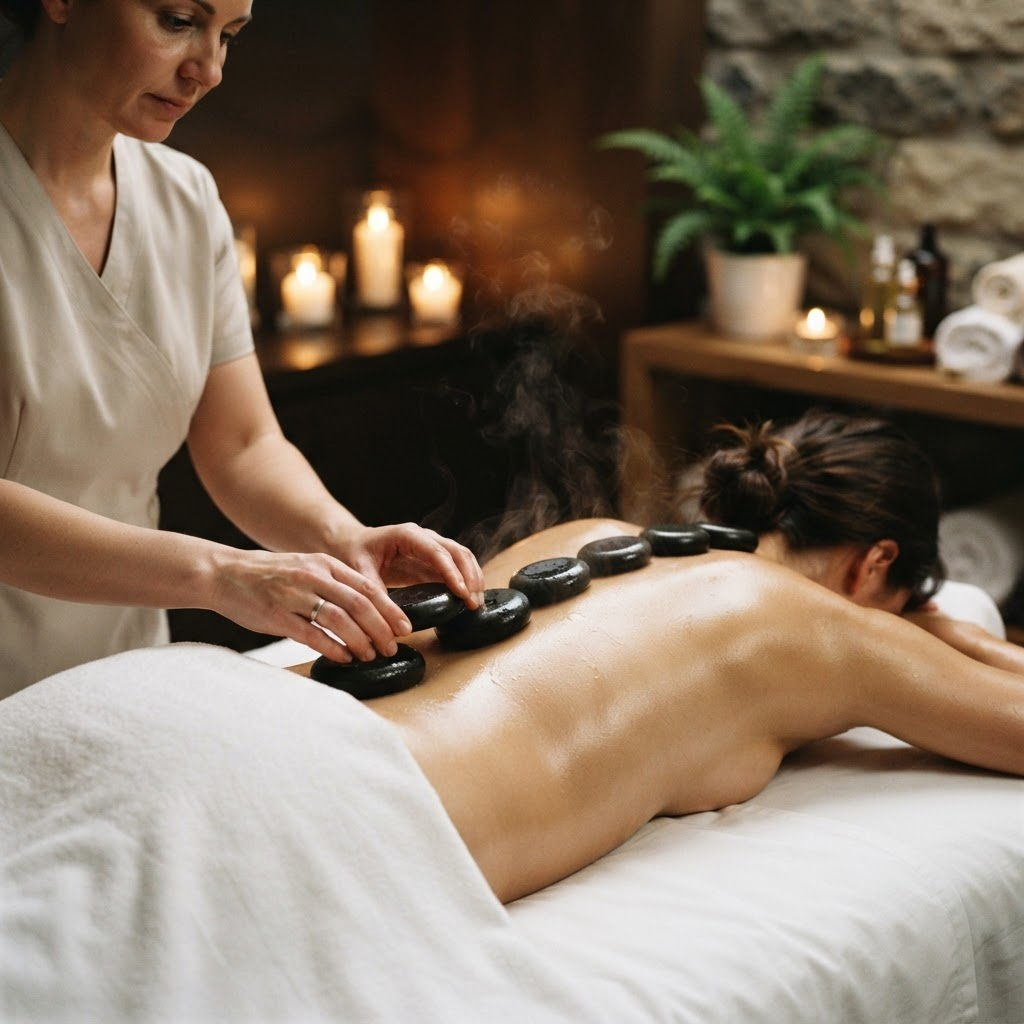 Hot stone massage with heated basalt stones at Qin Spa Tanjong Katong